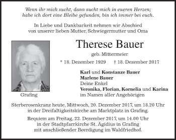 Traueranzeige von Therese Bauer von merkurtz