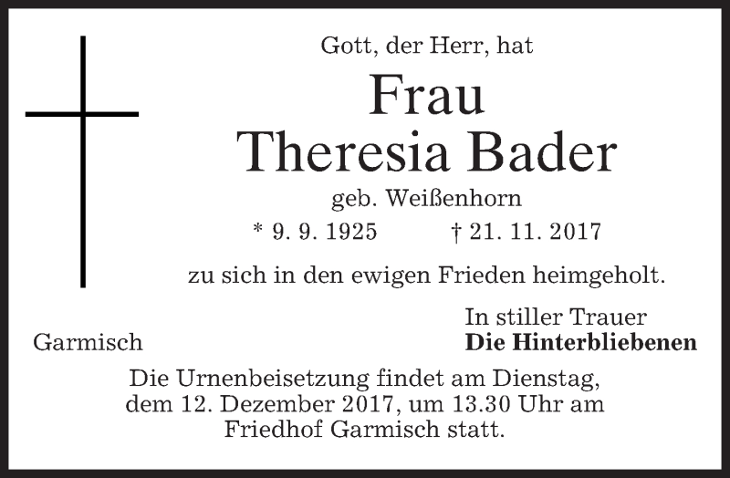  Traueranzeige für Theresia Bader vom 09.12.2017 aus merkurtz