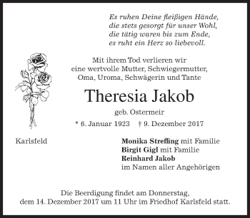 Traueranzeige von Theresia Jakob
