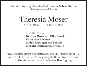 Traueranzeige von Theresia Moser von merkurtz