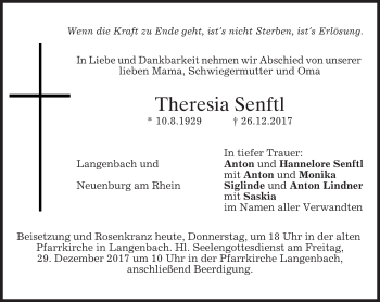 Traueranzeige von Theresia Senftl von merkurtz