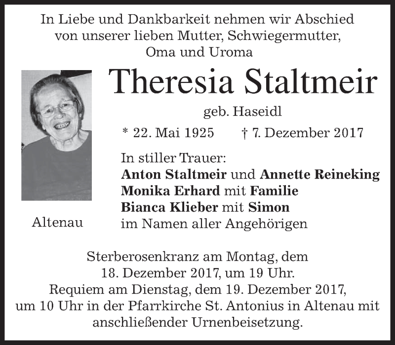  Traueranzeige für Theresia Staltmeir vom 16.12.2017 aus merkurtz