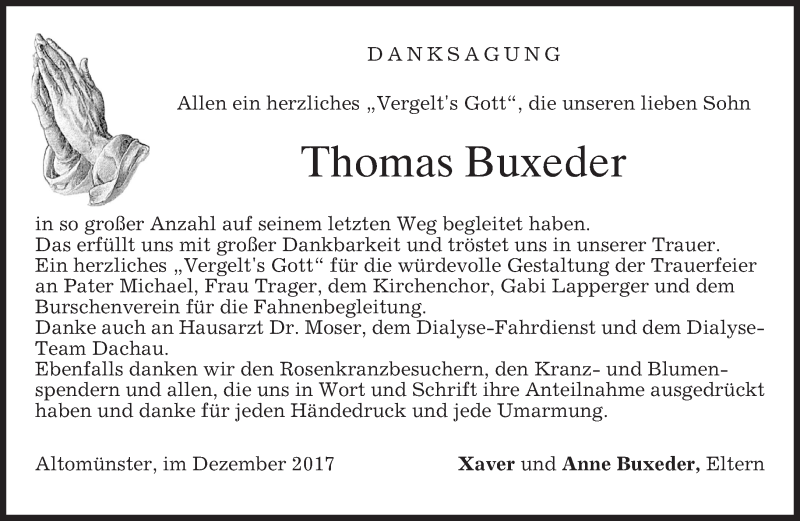  Traueranzeige für Thomas Buxeder vom 02.12.2017 aus merkurtz