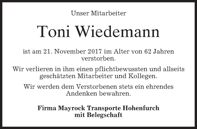  Traueranzeige für Toni Wiedemann vom 01.12.2017 aus merkurtz
