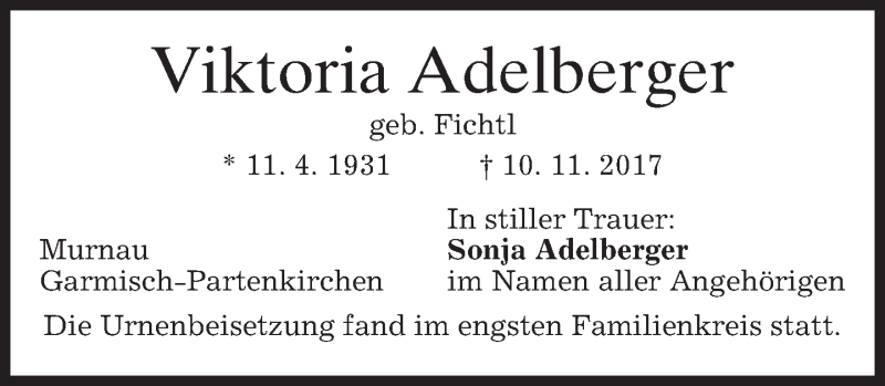  Traueranzeige für Viktoria Adelberger vom 01.12.2017 aus merkurtz