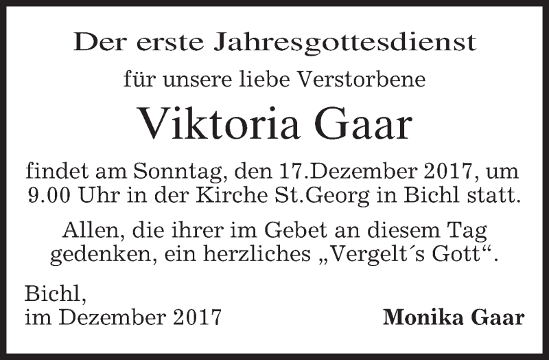  Traueranzeige für Viktoria Gaar vom 15.12.2017 aus merkurtz