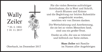 Traueranzeige von Wally Zeiler von merkurtz