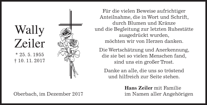  Traueranzeige für Wally Zeiler vom 02.12.2017 aus merkurtz