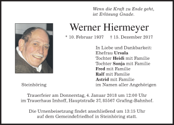 Traueranzeige von Werner Hiermeyer von merkurtz