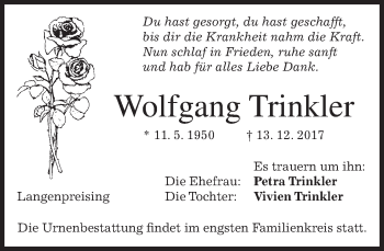 Traueranzeige von Wolfgang Trinkler von merkurtz