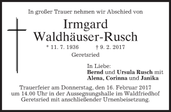 Traueranzeige von Irmgard Waldhäuser-Rusch von merkurtz