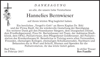 Traueranzeige von Hannelies Bernwieser von merkurtz