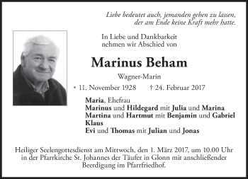 Traueranzeige von Marinus Beham von merkurtz