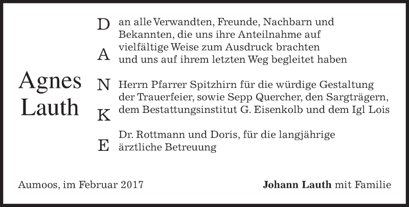 Traueranzeige für Agnes Lauth vom 25.02.2017 aus merkurtz