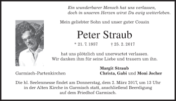 Traueranzeige von Peter Straub von merkurtz