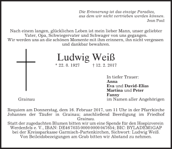 Traueranzeige von Ludwig Weiß von merkurtz
