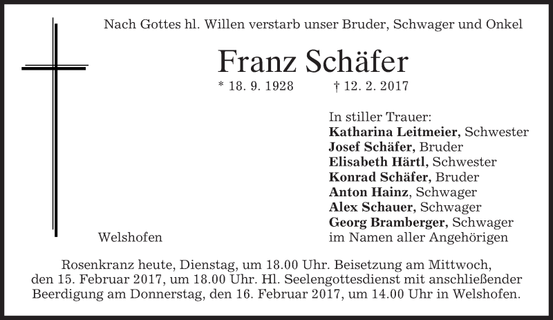  Traueranzeige für Franz Schäfer vom 14.02.2017 aus merkurtz