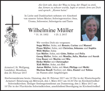 Traueranzeige von Wilhelmine Müller von merkurtz