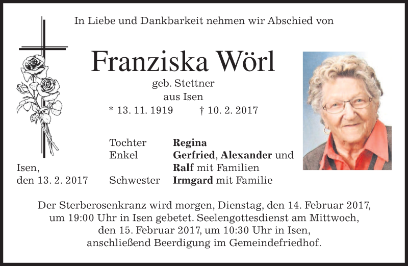  Traueranzeige für FranziskaWörl Stettner vom 13.02.2017 aus merkurtz