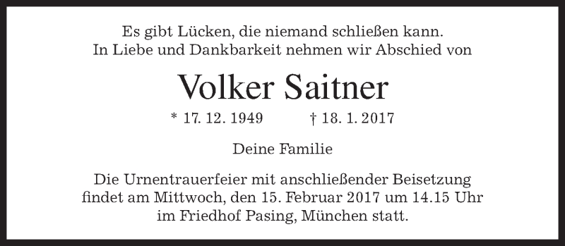  Traueranzeige für Volker Saitner vom 11.02.2017 aus merkurtz