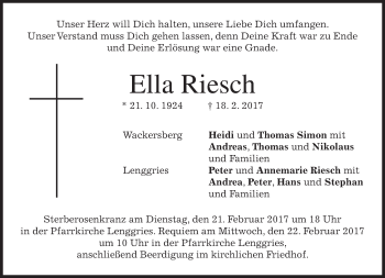 Traueranzeige von Ella Riesch von merkurtz