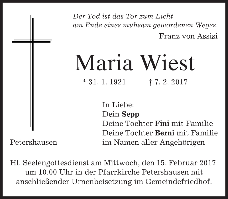  Traueranzeige für Maria Wiest vom 11.02.2017 aus merkurtz