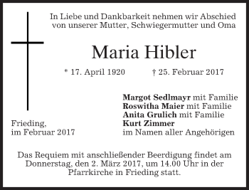 Traueranzeige von Maria Hibler von merkurtz
