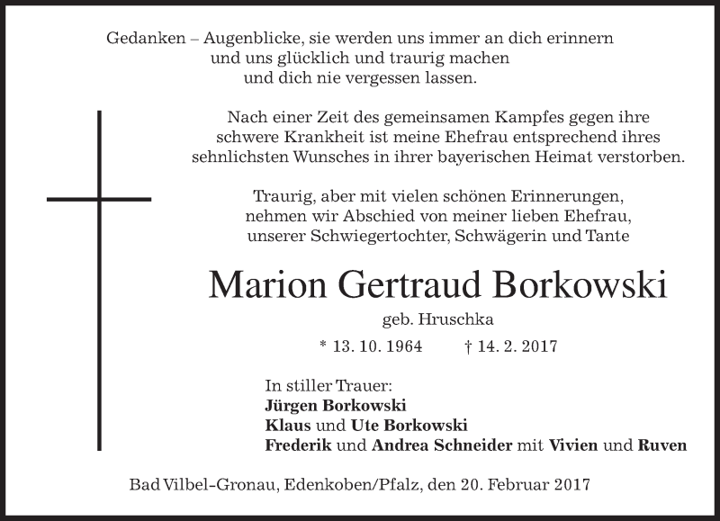  Traueranzeige für Marion Gertraud Borkowski vom 25.02.2017 aus merkurtz