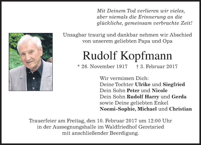  Traueranzeige für Rudolf Kopfmann vom 07.02.2017 aus merkurtz