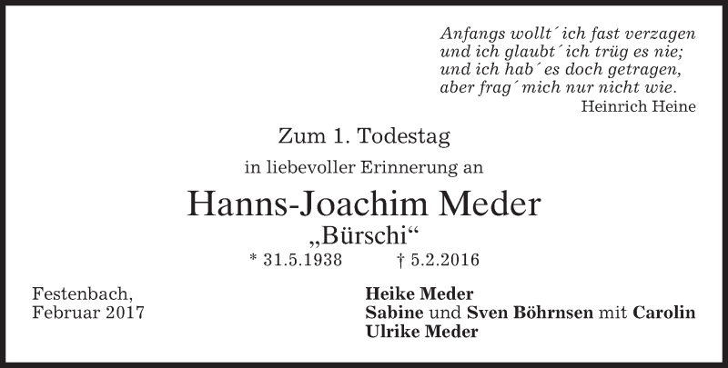  Traueranzeige für Hanns-Joachim Meder vom 04.02.2017 aus merkurtz