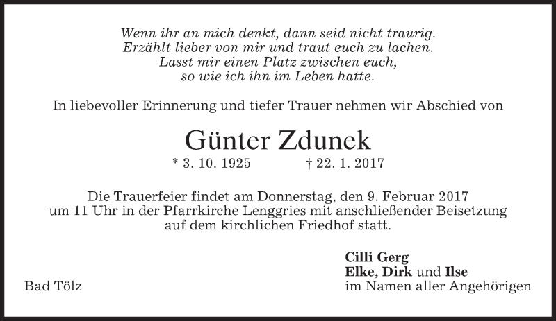  Traueranzeige für Günter Zdunek vom 07.02.2017 aus merkurtz