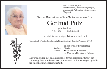Traueranzeige von Gertrud Putz von merkurtz