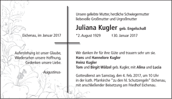 Traueranzeige von Juliana Kugler von merkurtz