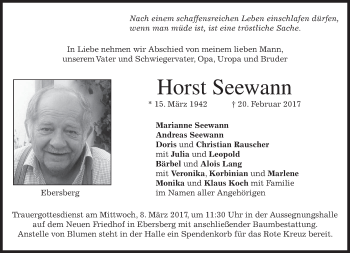 Traueranzeige von Horst Seewann von merkurtz