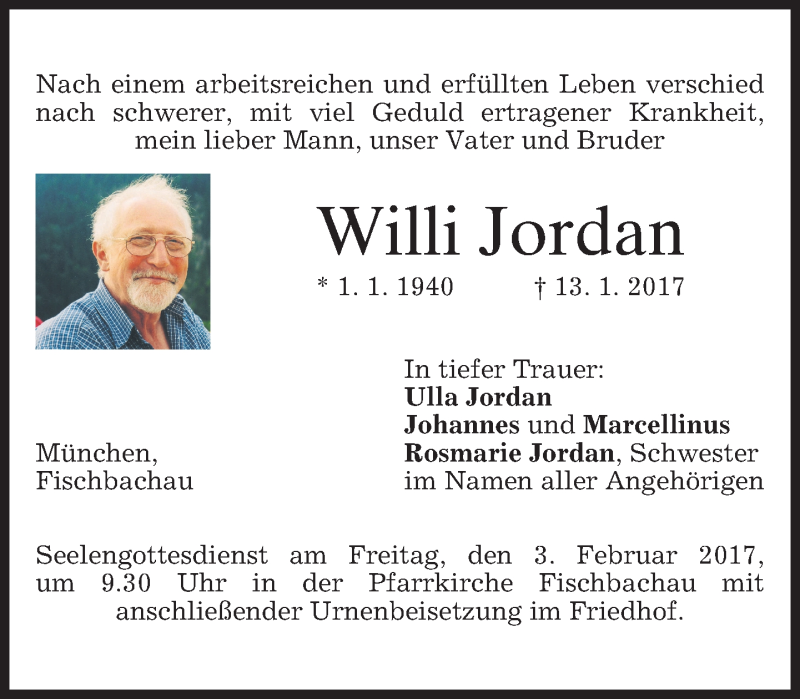  Traueranzeige für Willi Jordan vom 01.02.2017 aus merkurtz