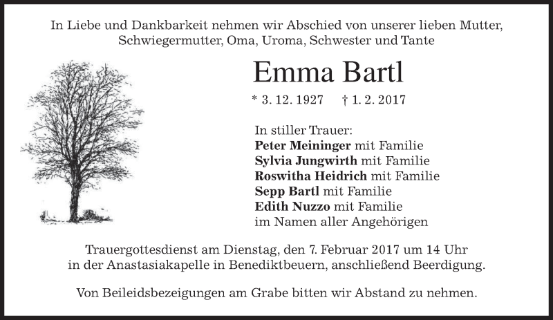  Traueranzeige für Emma Bartl vom 04.02.2017 aus merkurtz