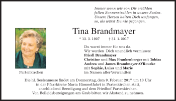 Traueranzeige von Tina Brandmayer von merkurtz