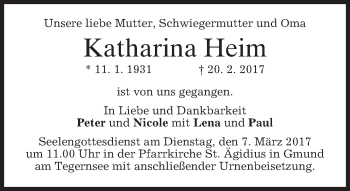 Traueranzeige von Katharina Heim von merkurtz