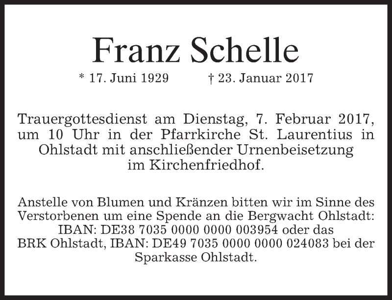  Traueranzeige für Franz Schelle vom 03.02.2017 aus merkurtz