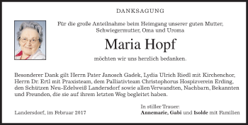 Traueranzeige von Maria Hopf von merkurtz