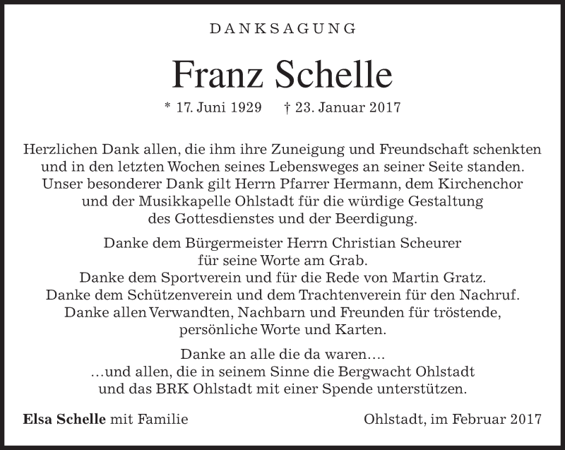  Traueranzeige für Franz Schelle vom 11.02.2017 aus merkurtz