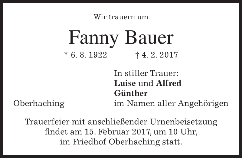  Traueranzeige für Fanny Bauer vom 11.02.2017 aus merkurtz