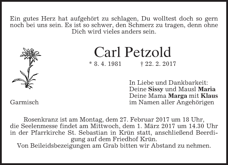  Traueranzeige für Carl Petzold vom 25.02.2017 aus merkurtz