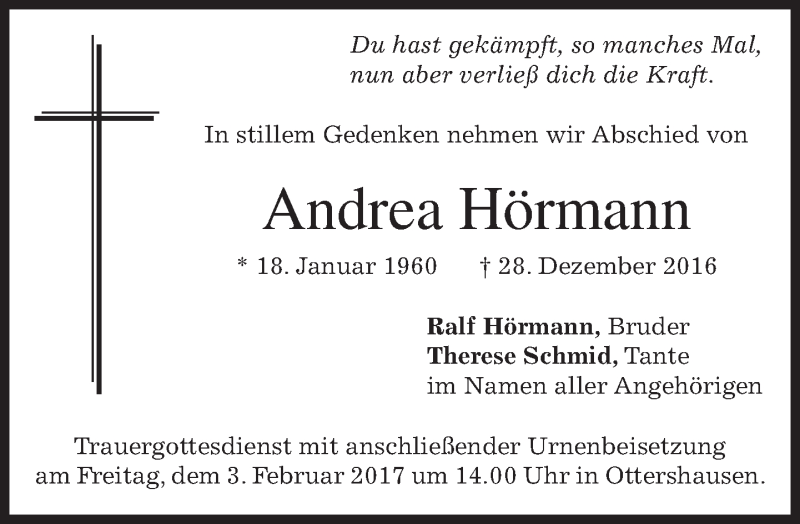  Traueranzeige für Andrea Hörmann vom 01.02.2017 aus merkurtz