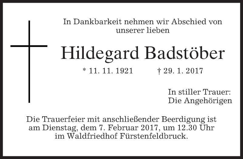  Traueranzeige für Hildegard Badstöber vom 01.02.2017 aus merkurtz