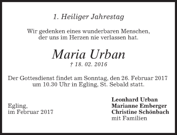 Traueranzeige von Maria Urban von merkurtz