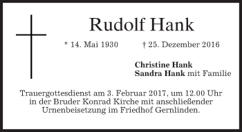 Traueranzeige von Rudolf Hank von merkurtz