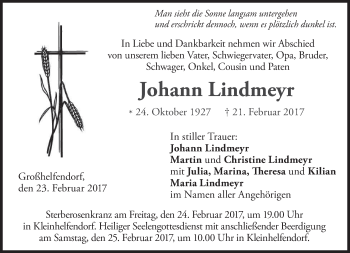 Traueranzeige von Johann Lindmeyr von merkurtz