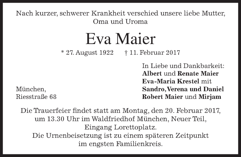  Traueranzeige für Eva Maier vom 17.02.2017 aus merkurtz