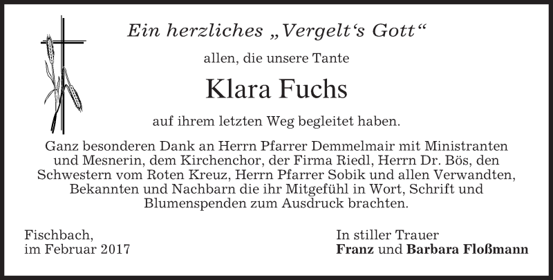  Traueranzeige für Klara Fuchs vom 15.02.2017 aus merkurtz